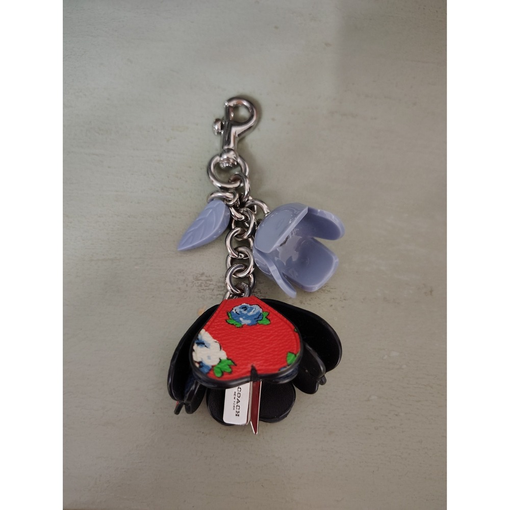 Coach Flower Charm Red Floral Leather Key Fob Bag Accessory